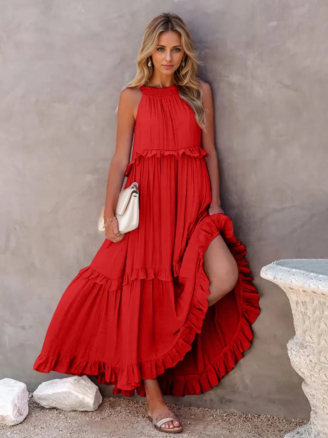 🌸 Ruffled Sleeveless Tiered Maxi Dress with Pockets 🌸