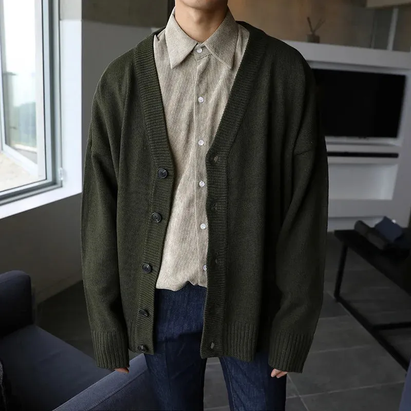 Aidase Boys Green Oversized Knitted Sweater Loose Vintage V-neck Sweater Men Button Up Cardigan Long Sleeve Knitwear Casual Knit Top