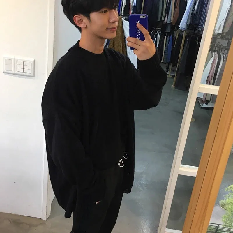 Aidase Boys Green Oversized Knitted Sweater Loose Vintage V-neck Sweater Men Button Up Cardigan Long Sleeve Knitwear Casual Knit Top