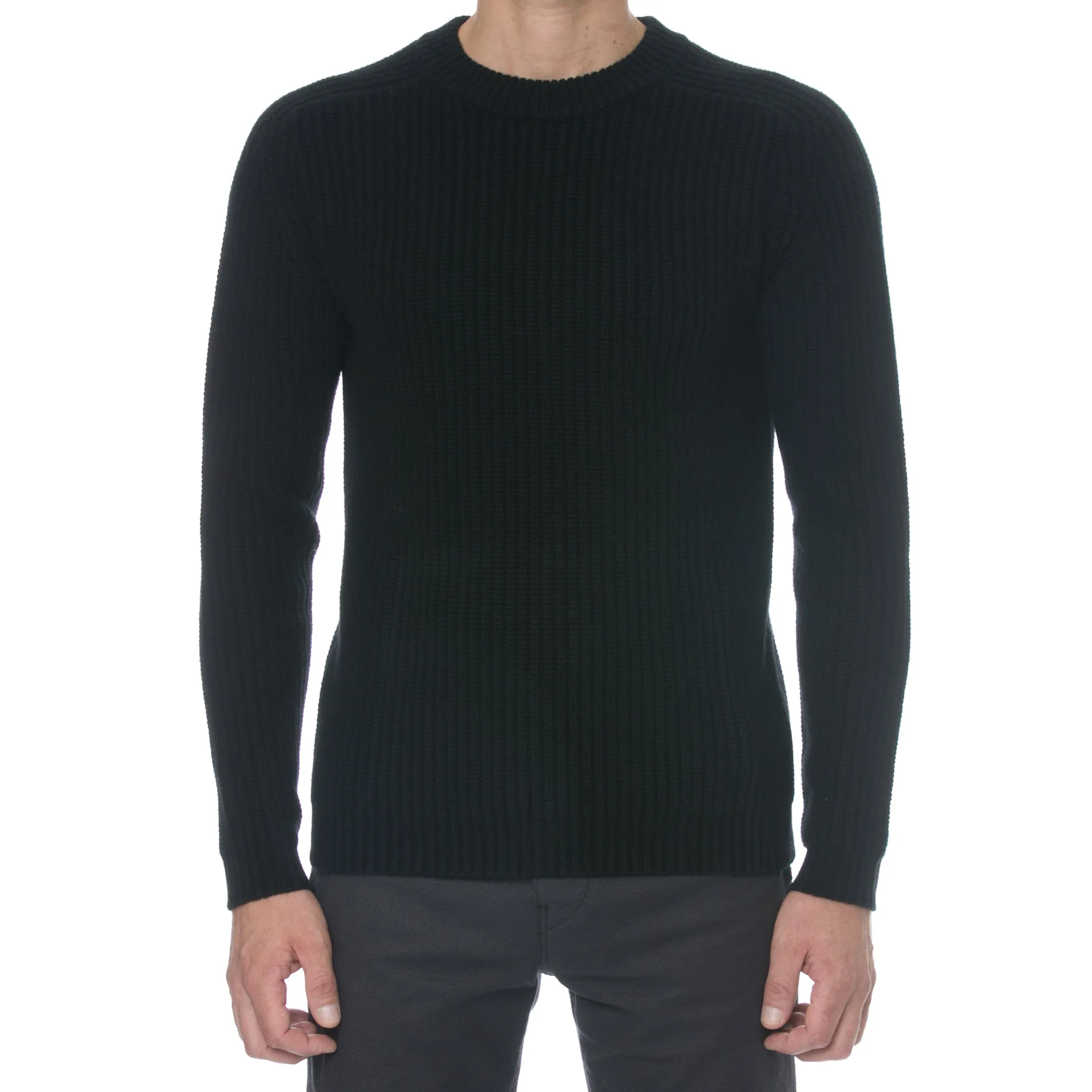 Black Cashmere Wool Chunky Rib Knit Fisherman Sweater