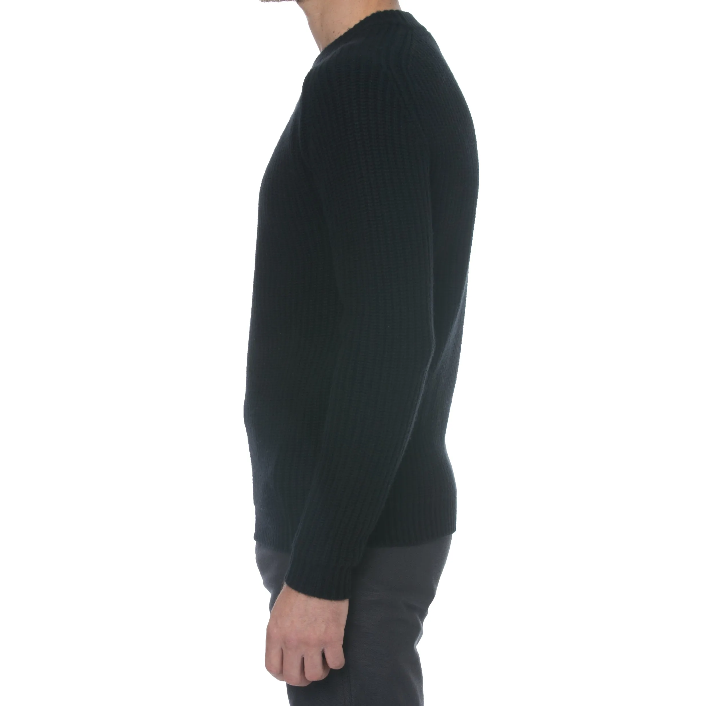 Black Cashmere Wool Chunky Rib Knit Fisherman Sweater