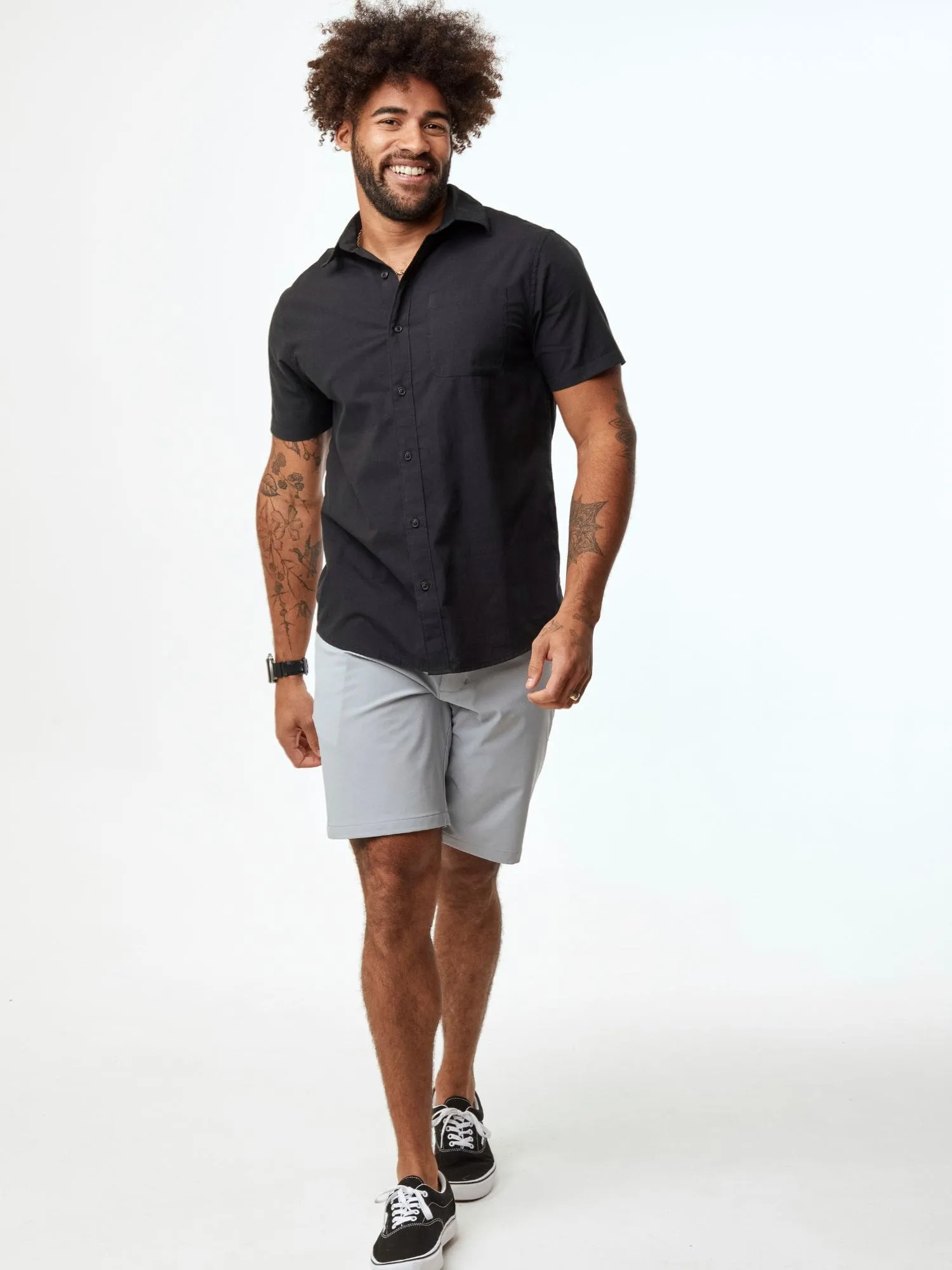 Black Short Sleeve Stretch Button Up