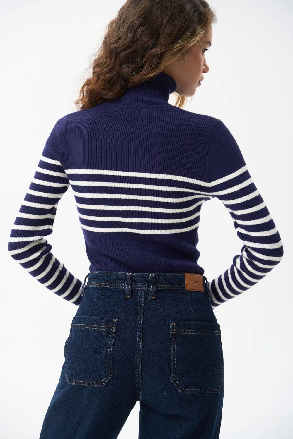 Blue turtleneck sweater with a milky stripe