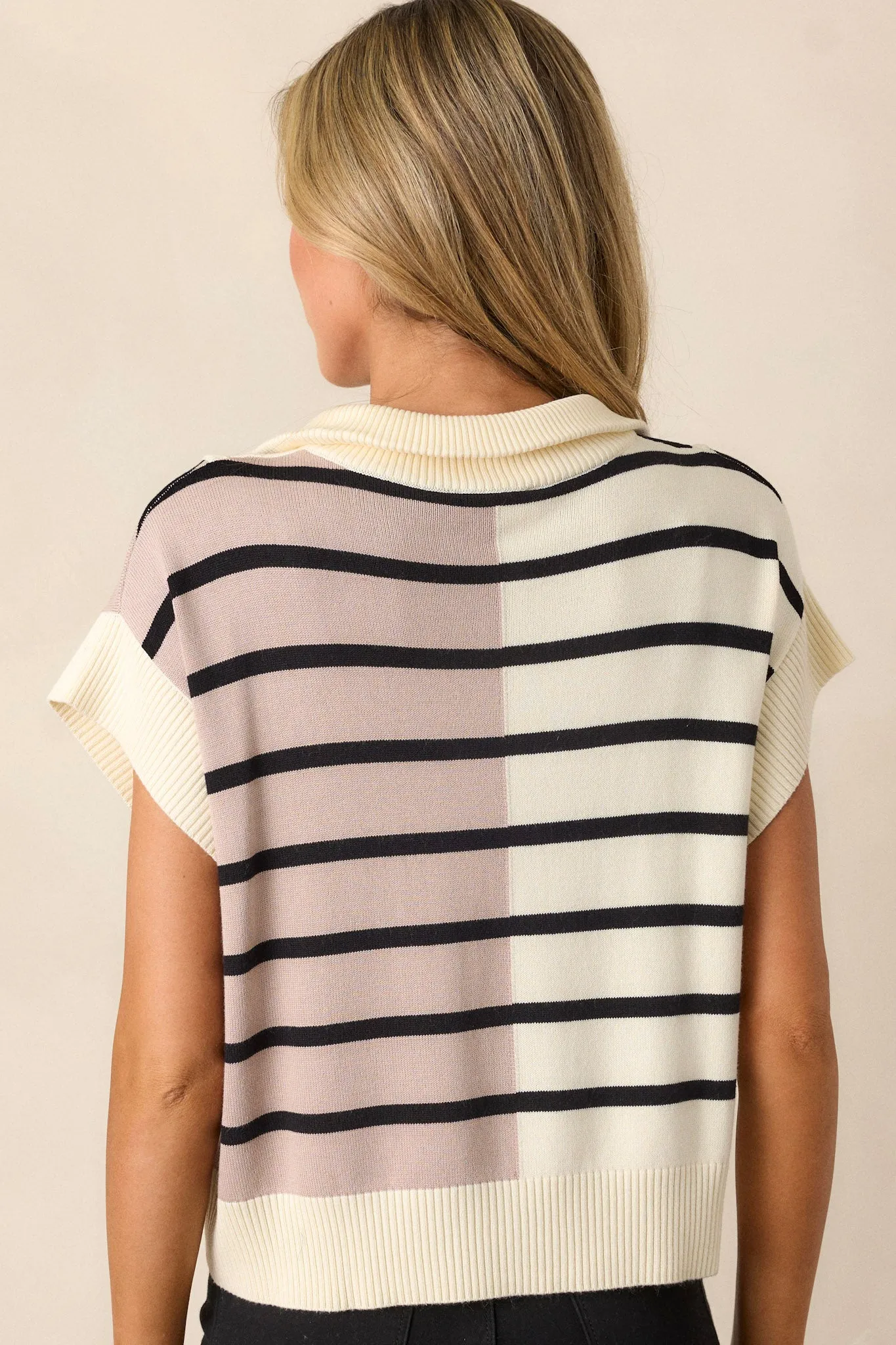 Bold Bands Beige Stripe Half-Zip Sleeveless Sweater