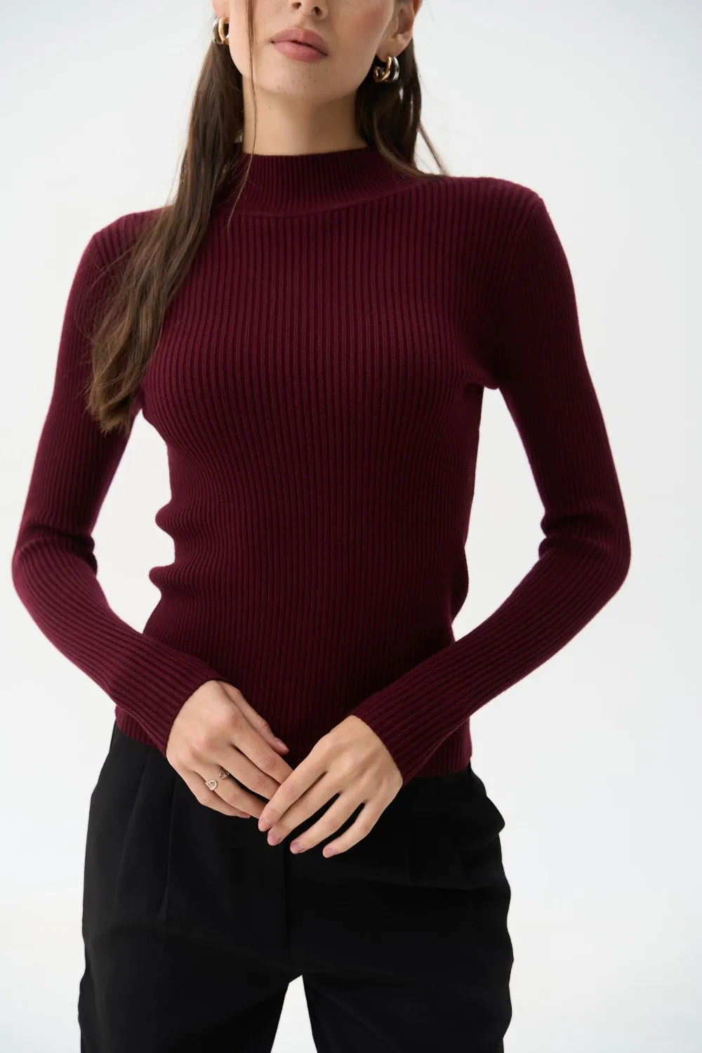 Burgundy Rib Knit Turtleneck Sweater