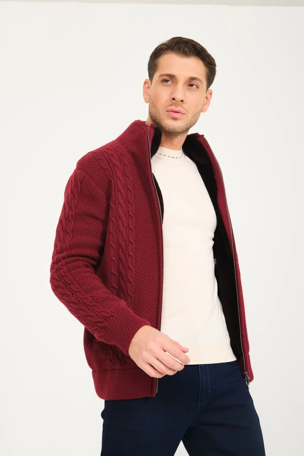 Burgundy Wool & Rex Fur Knit Cardigan