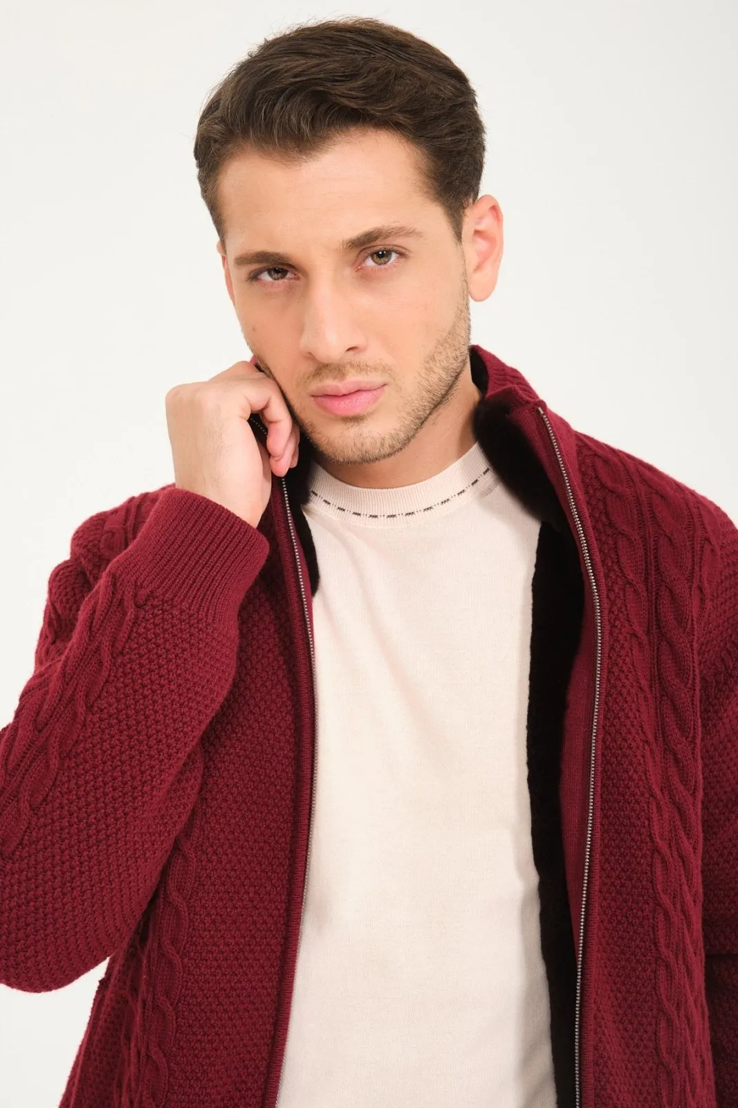 Burgundy Wool & Rex Fur Knit Cardigan