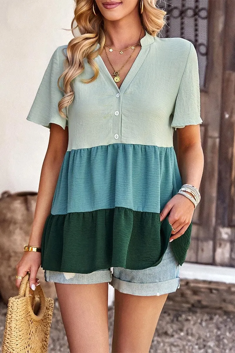 BUTTON UP COLOR BLOCK RUFFLED TUNIC TOP