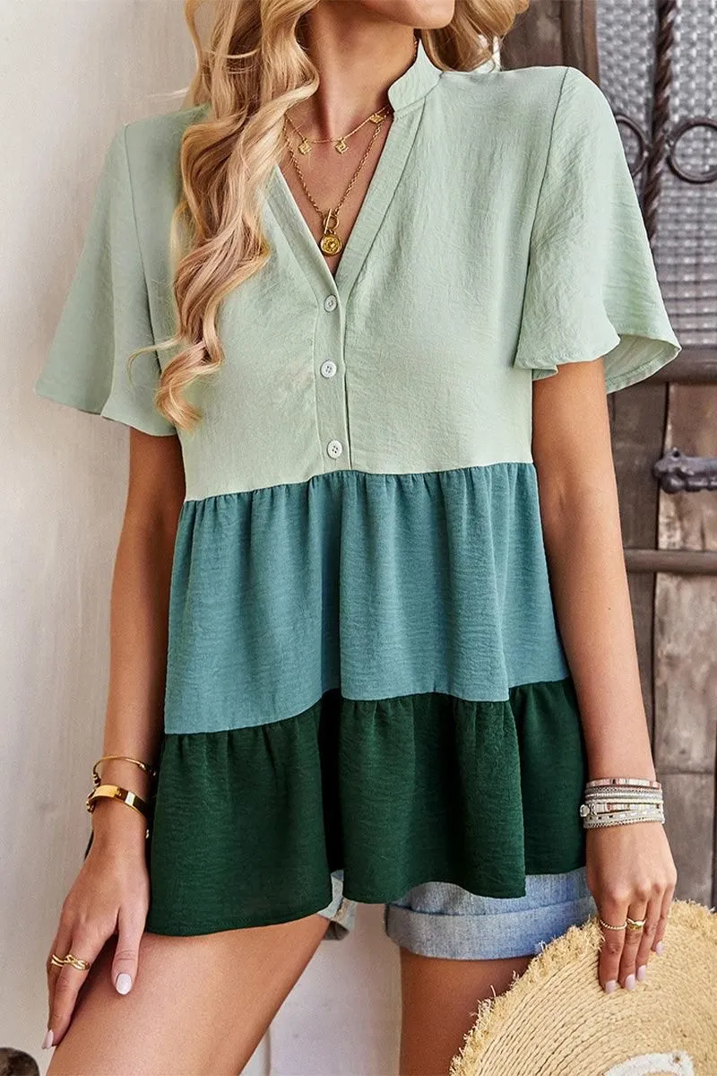 BUTTON UP COLOR BLOCK RUFFLED TUNIC TOP