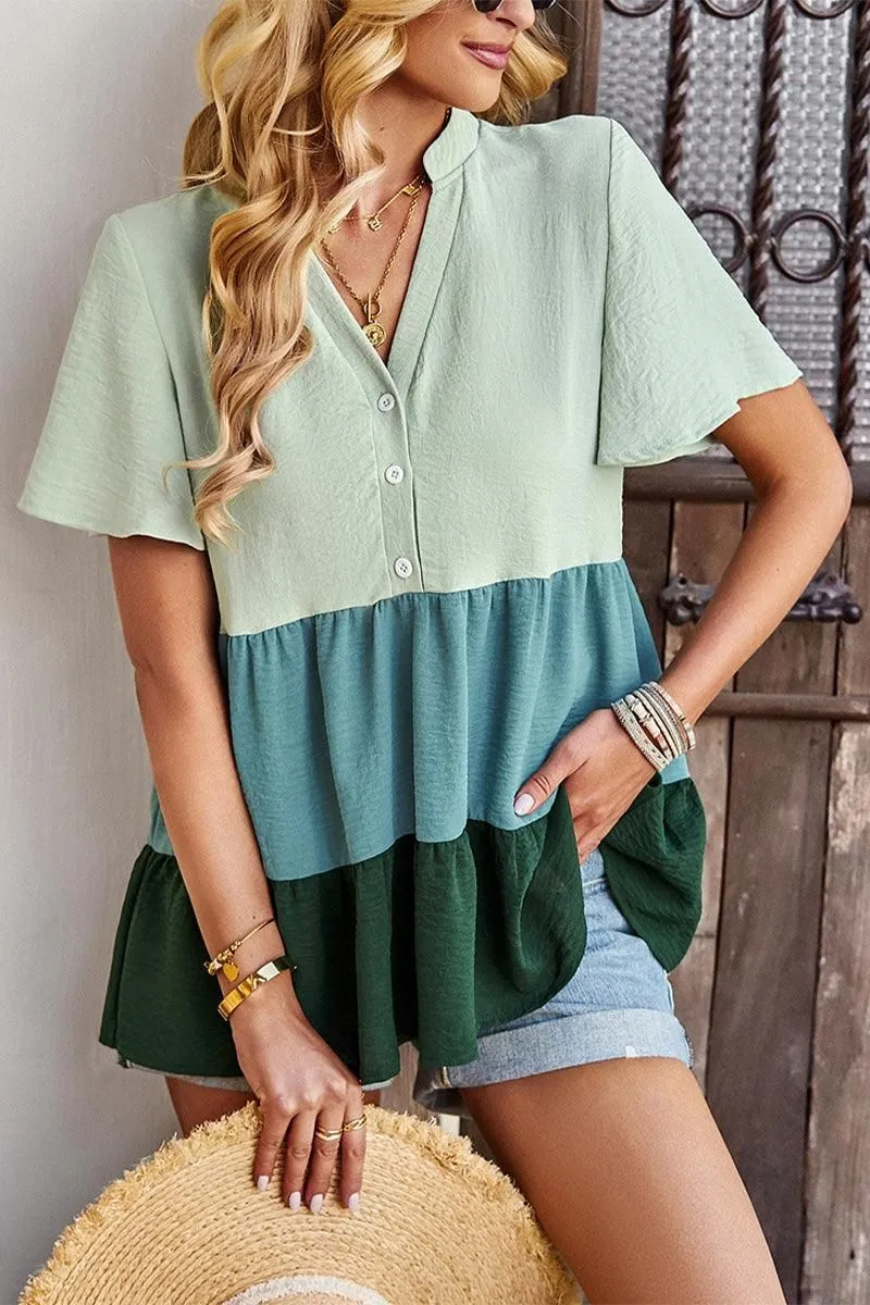 BUTTON UP COLOR BLOCK RUFFLED TUNIC TOP