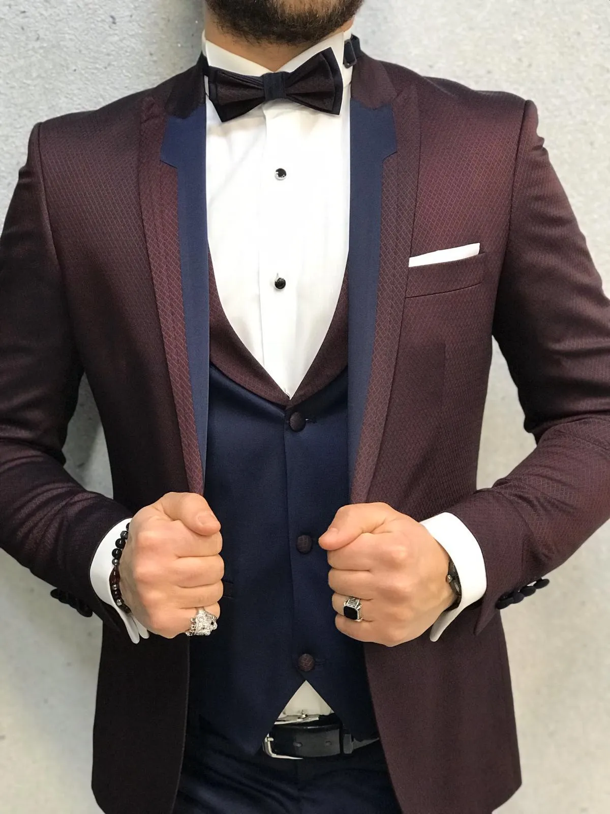 Buy Burgundy Slim Fit Peak Lapel Tuxedo by GentWith | Free Shipping