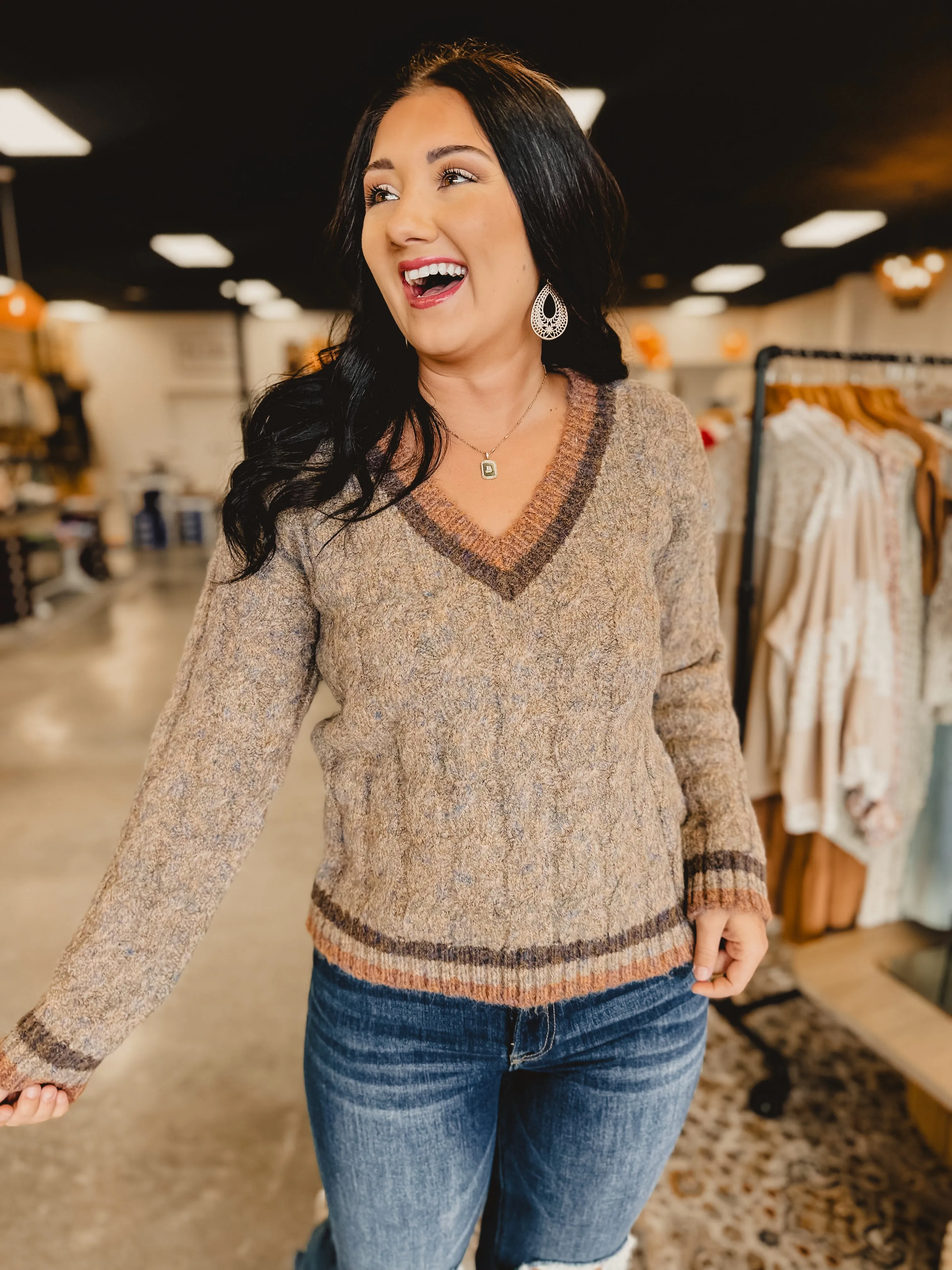 Cable Knit V-Neck Sweater - Taupe