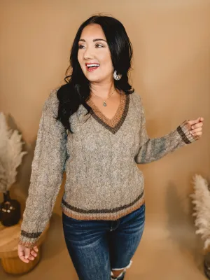 Cable Knit V-Neck Sweater - Taupe