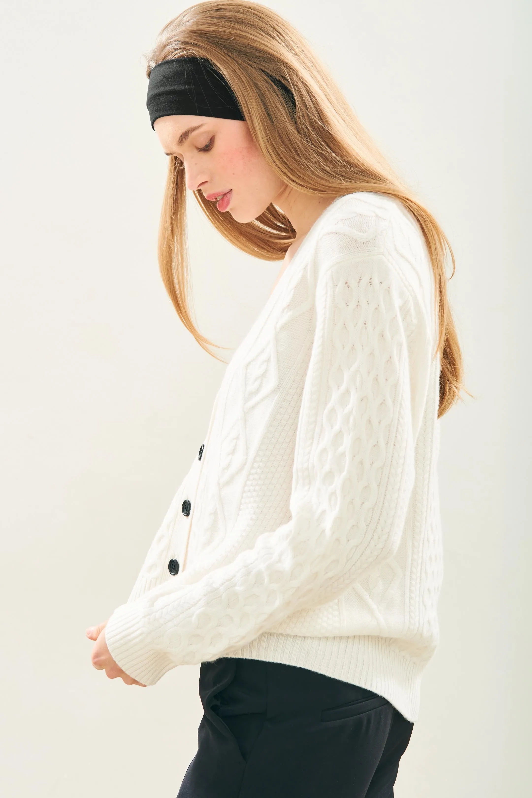 Cashmere Wool Aran Cardigan in Cream