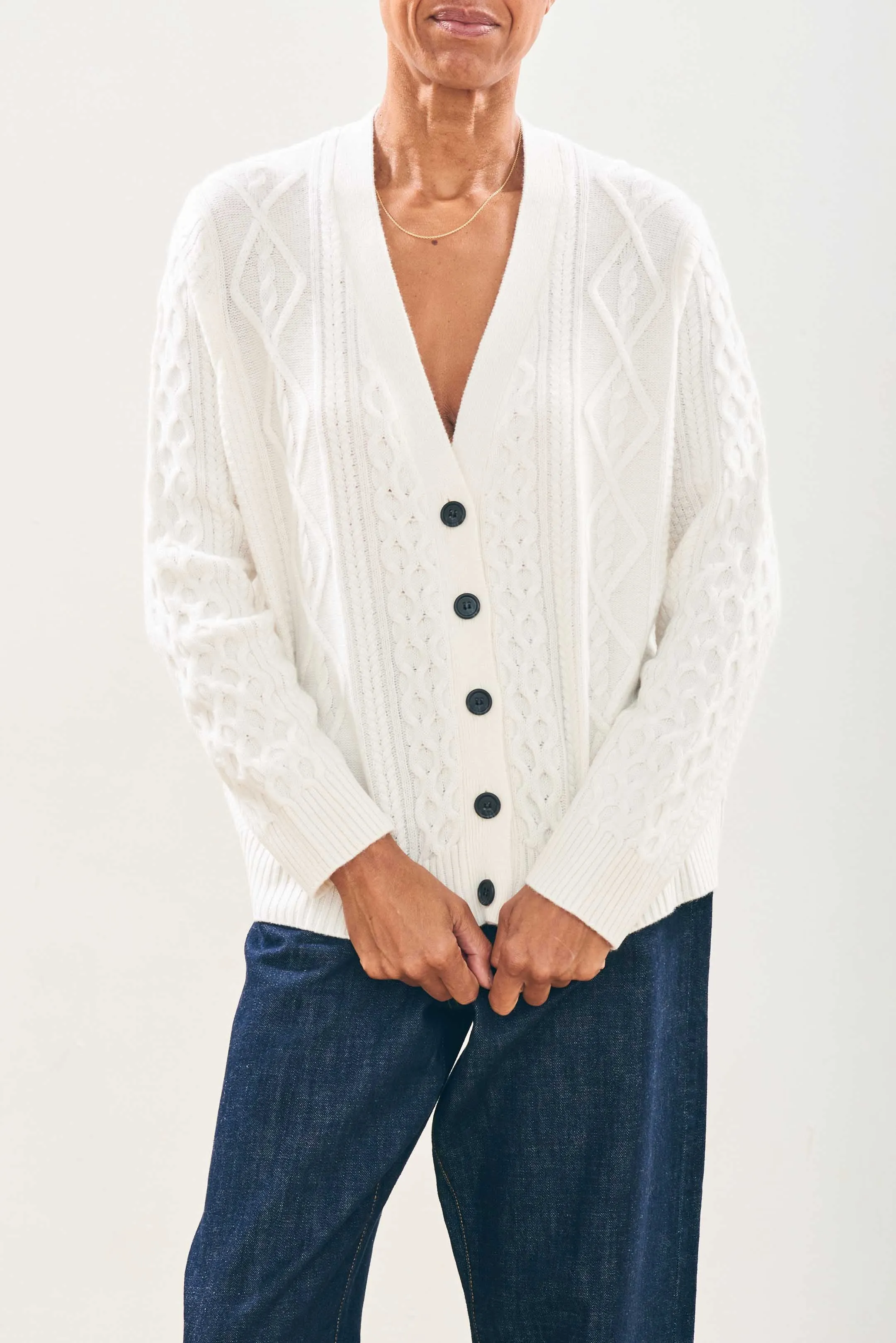 Cashmere Wool Aran Cardigan in Cream