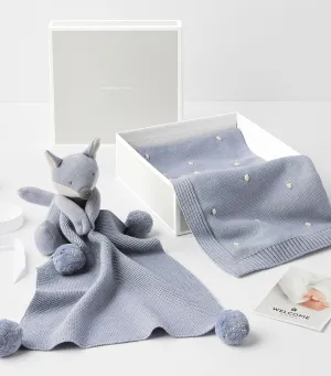 Cotton Sweater Knit Baby Blanket & Fox Thumbie Blue