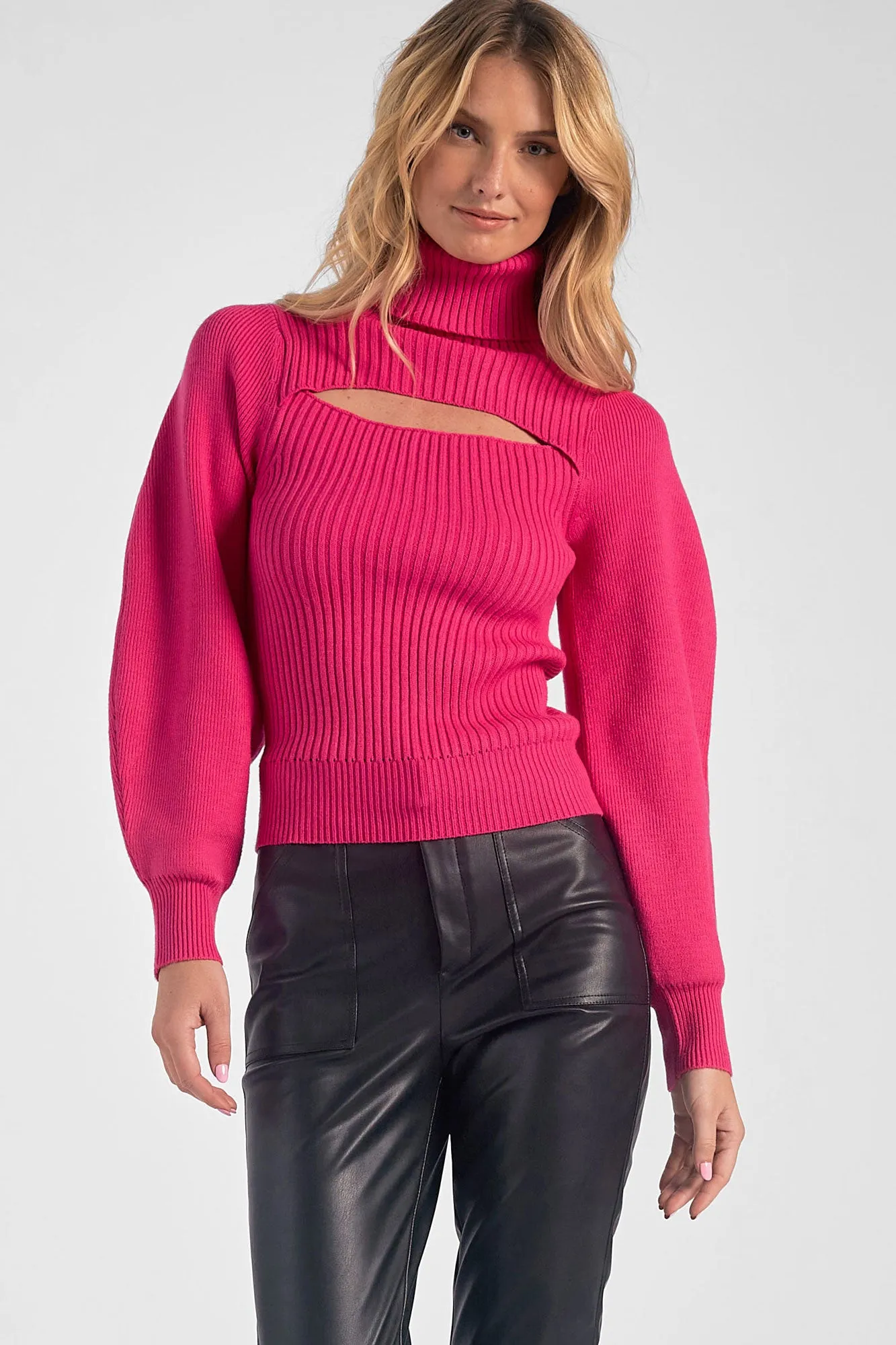 Everly Turtleneck Bubble Sleeve Sweater Fuchsia