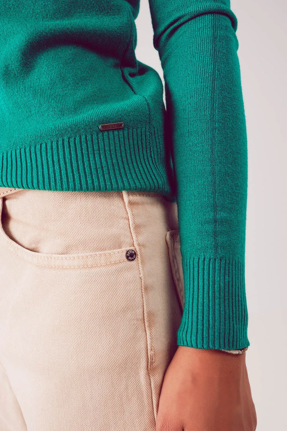 Fine Knit High Neck Jumper in Green