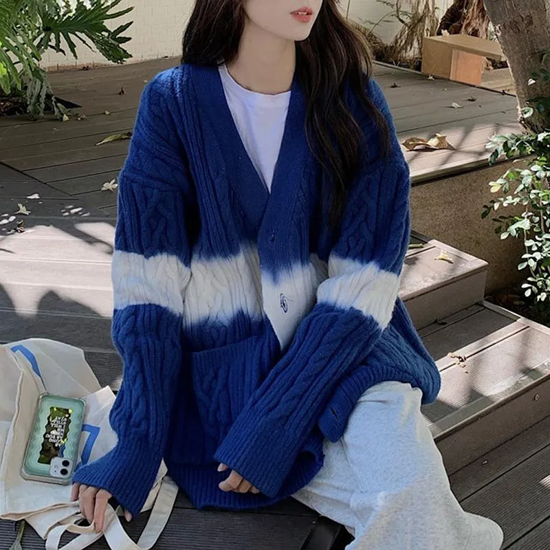 Gradient Aesthetic Blue Gray Knit Loose Cardigan