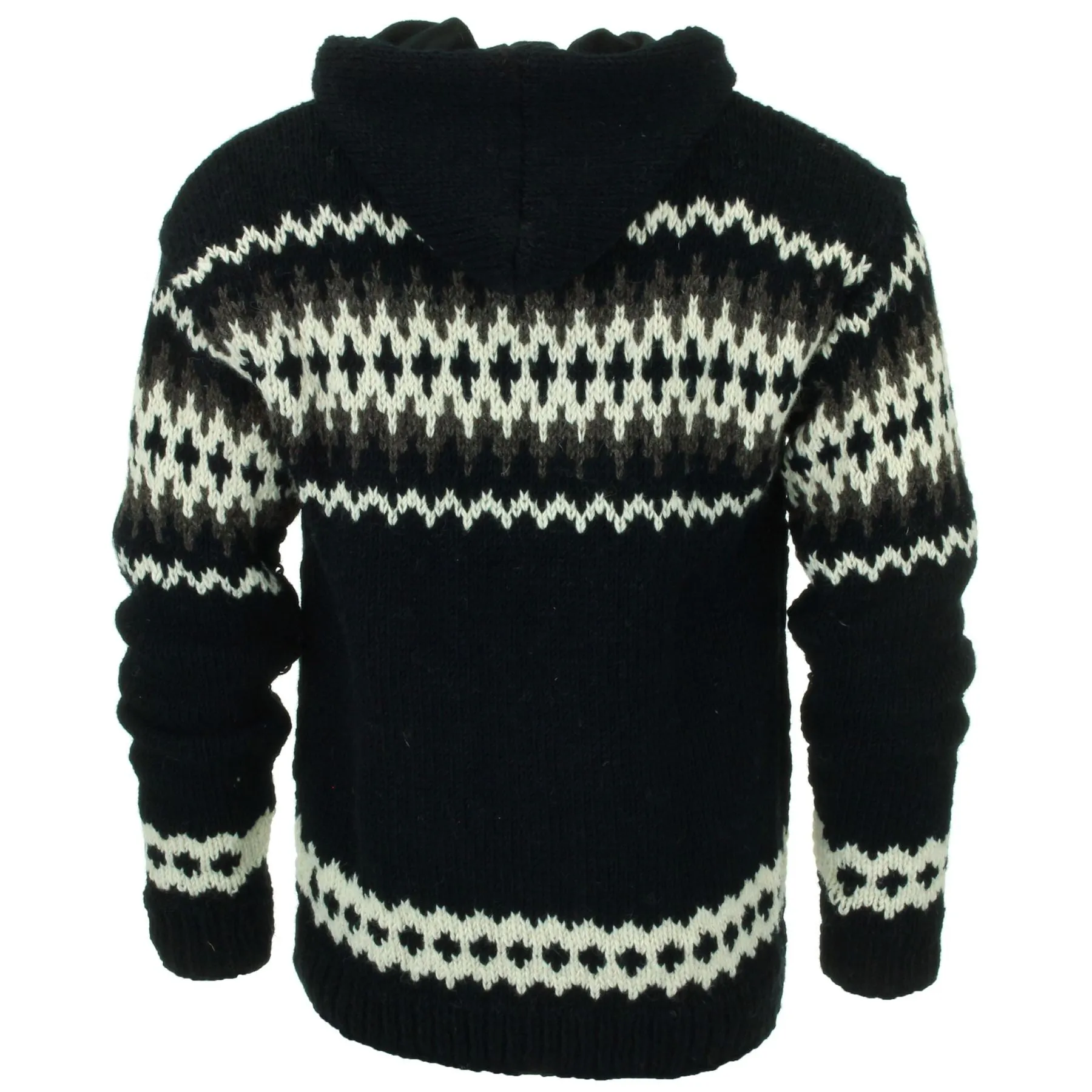 Hand Knitted Wool Hooded Jacket Cardigan - Fairisle Black