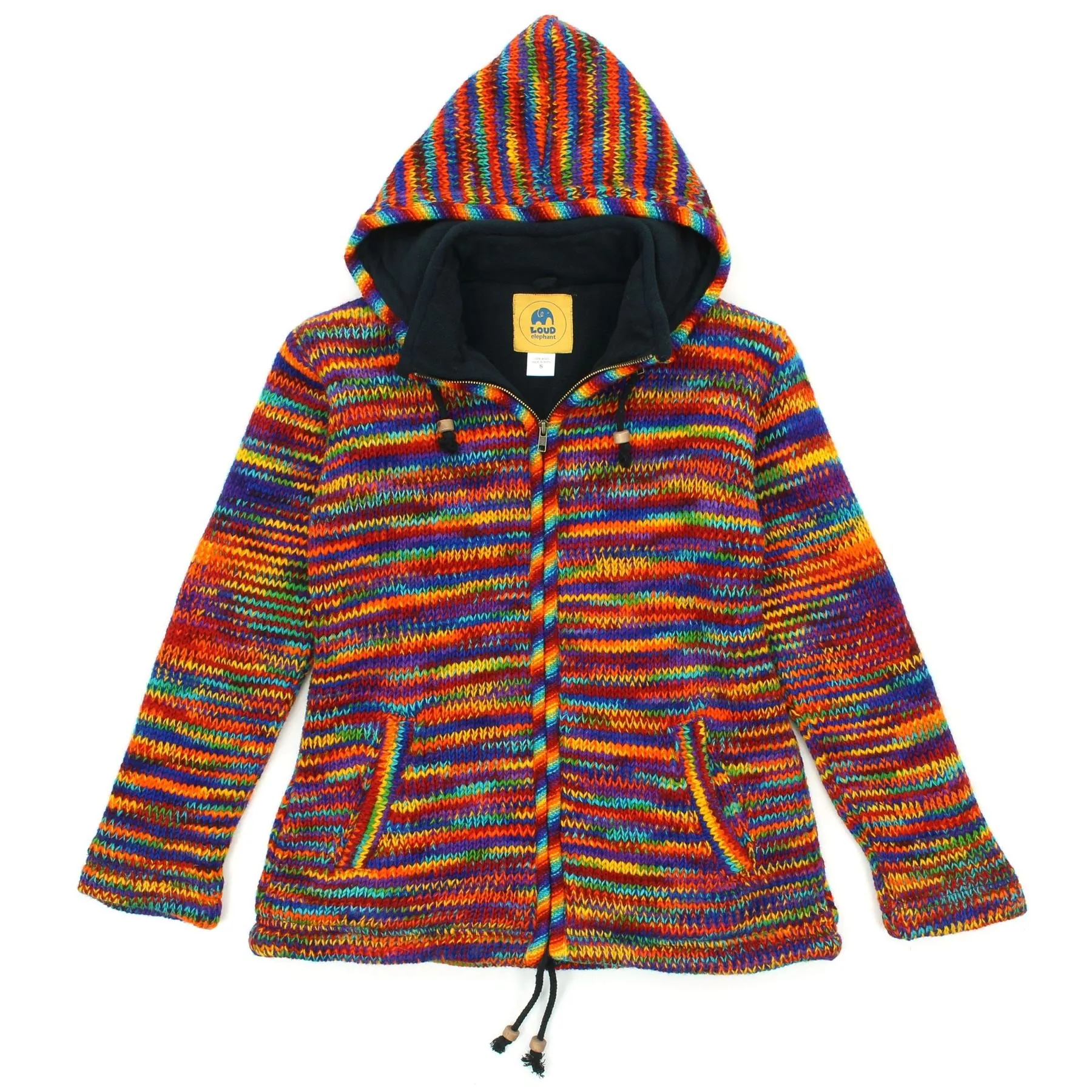 Hand Knitted Wool Hooded Jacket Cardigan Ladies Cut - SD Rainbow with Rainbow Trim