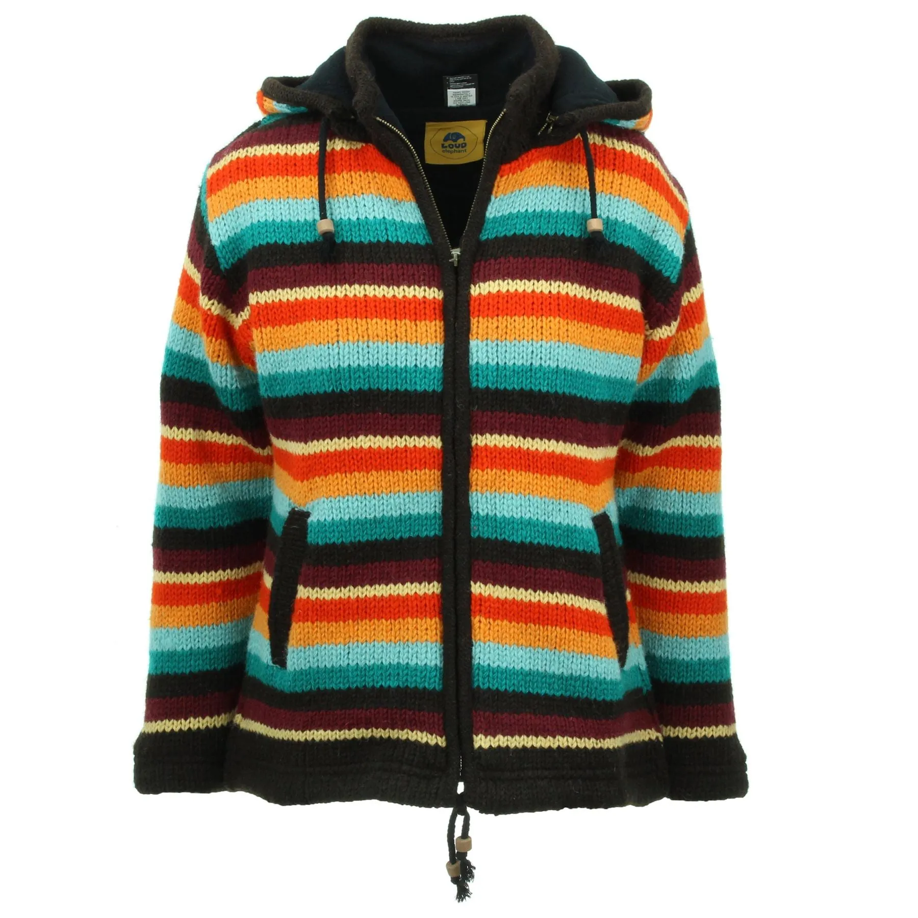 Hand Knitted Wool Hooded Jacket Cardigan Ladies Cut - Stripe Retro D