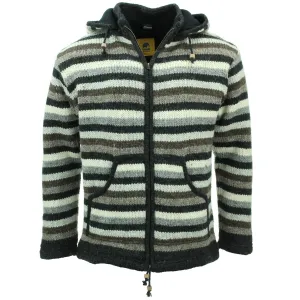 Hand Knitted Wool Hooded Jacket Cardigan - Stripe Natural