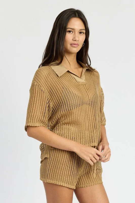 Hot Girl Cassie Collared Open Knit Lounge Shirt