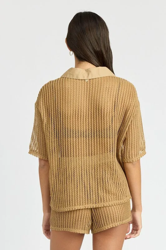 Hot Girl Cassie Collared Open Knit Lounge Shirt