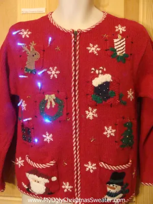 Light Up Red Ugly Xmas Sweater with Reindeer Santa