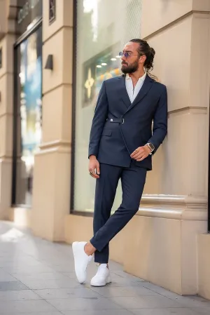 Navy Blue Slim Fit 2 Piece Double Breasted Buckle Suit