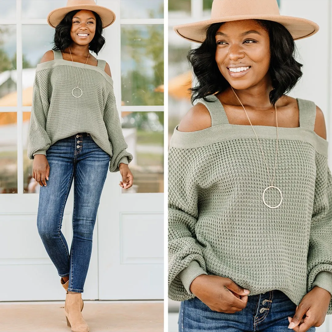 Only The Beginning Sage Green Waffle Sweater