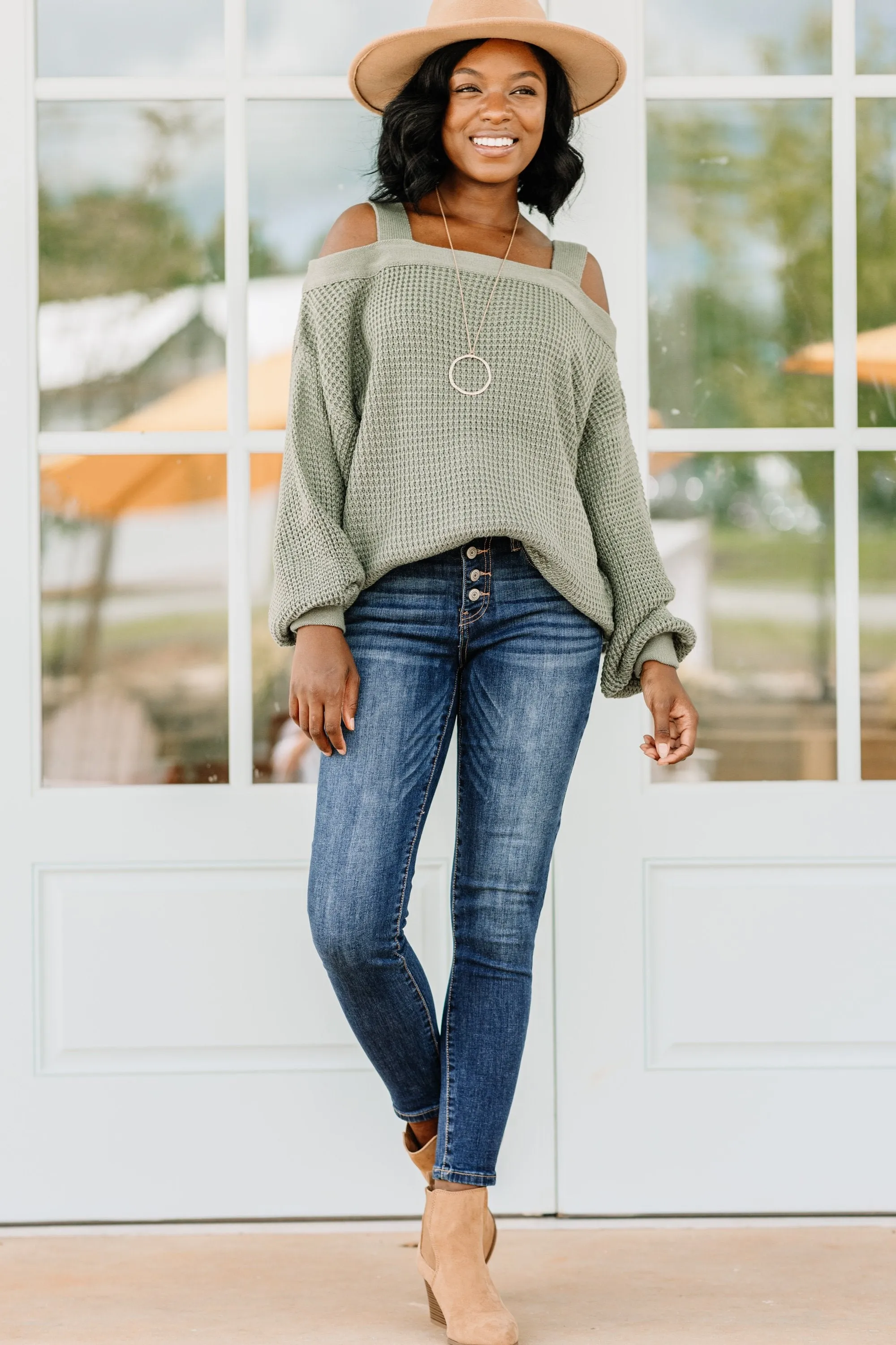 Only The Beginning Sage Green Waffle Sweater