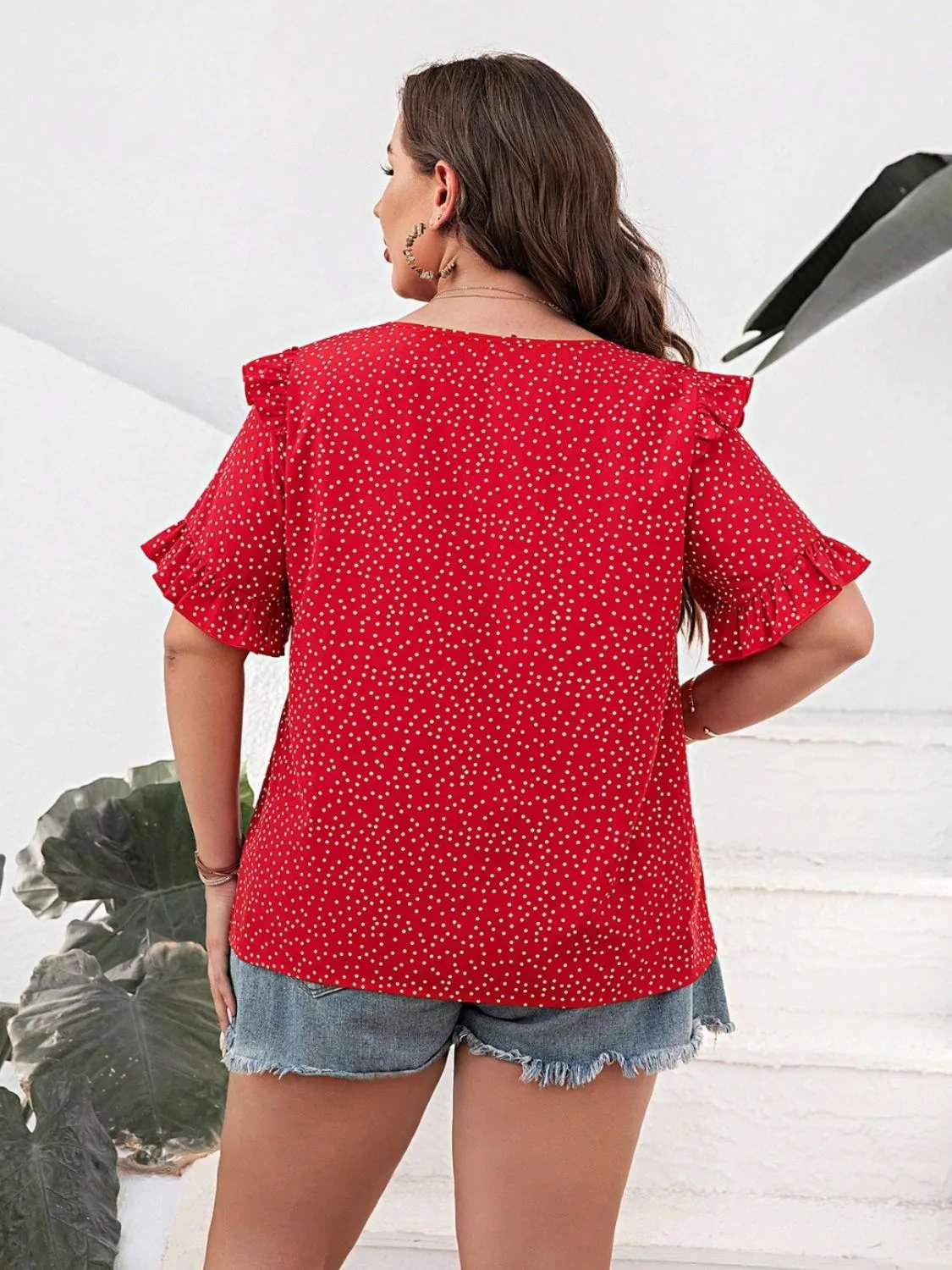 Plus Size Printed Notched Flounce Sleeve Blouse