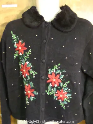 Poinsettias and Fluffy Collar Ugly Christmas Sweater