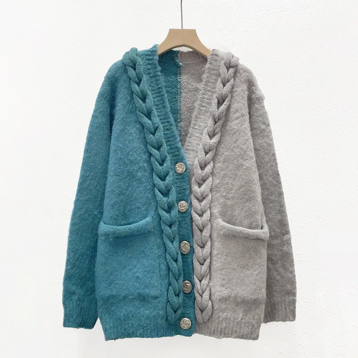 Pre Order:  Color Block Pocket Splice Thicken Knit Cardigan