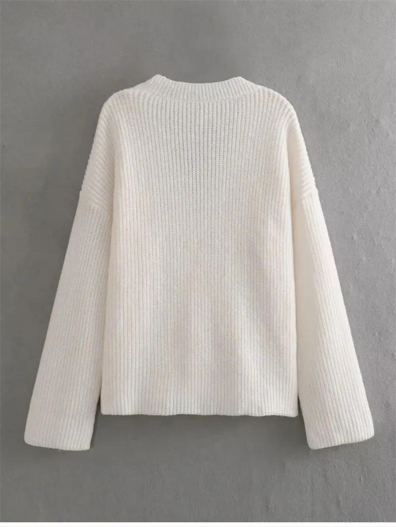 Pre Order:  White Knitted V-Neck Cardigan Sweater