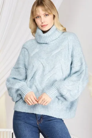 She   Sky Turtle Cable Knit Sweater Top - Lt Blue