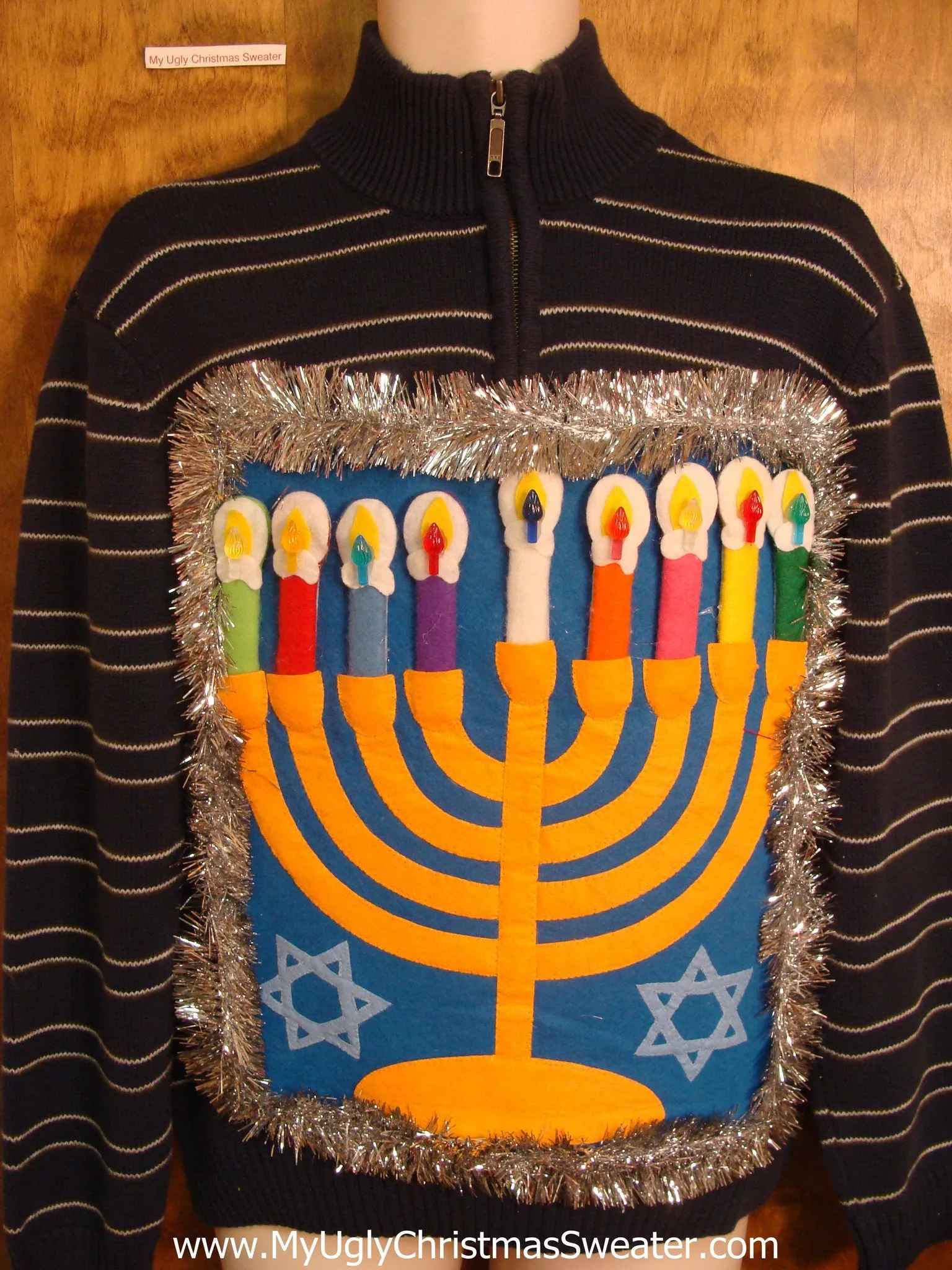 Striped Hanukkah Sweater with Menorah