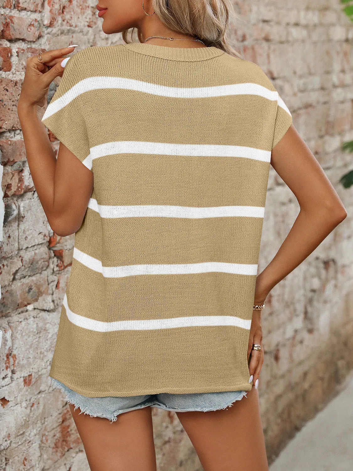 Striped Round Neck Short Sleeve Knit Top