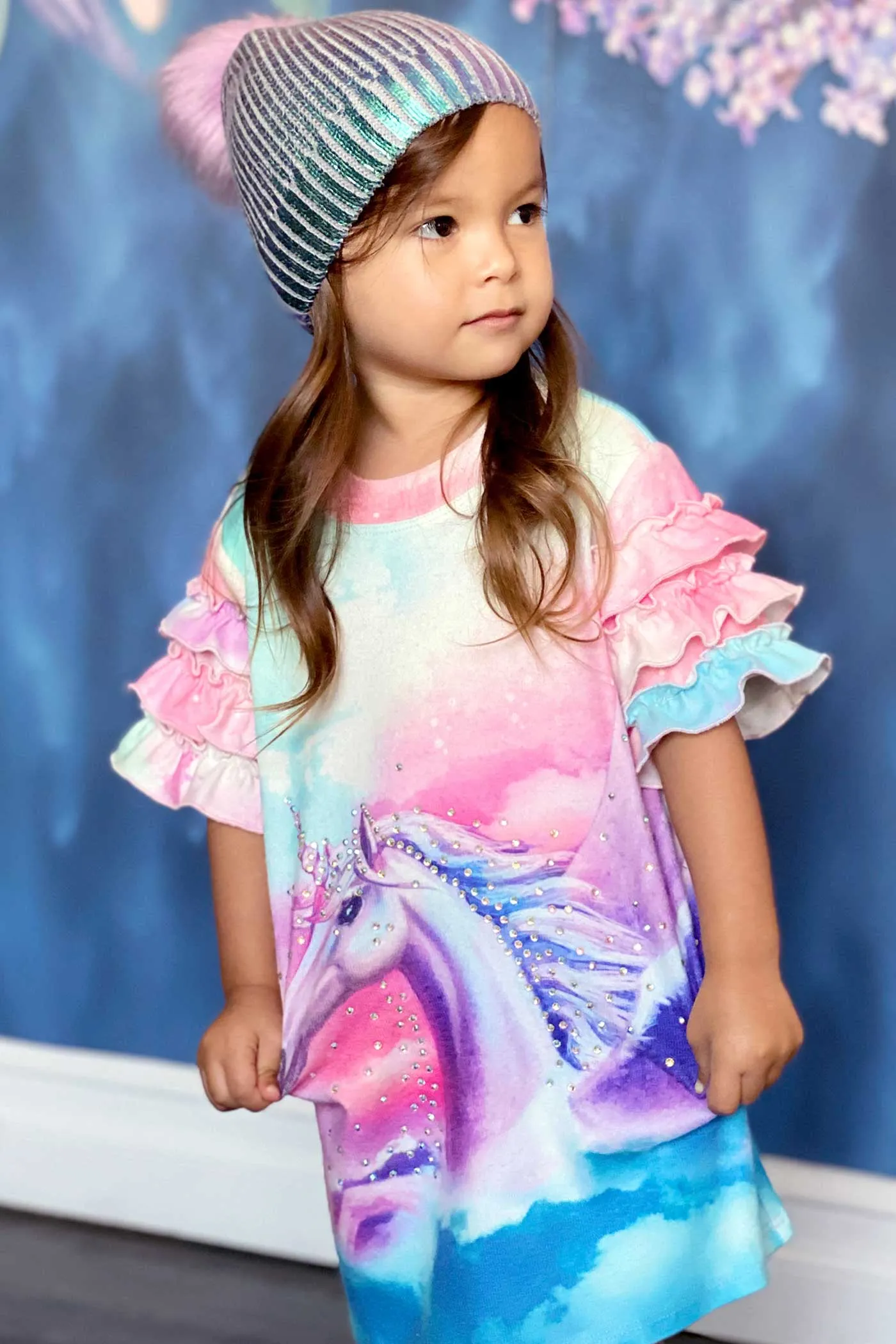 Toddler Girls Ruffled Short Sleeve Unicorn Dress