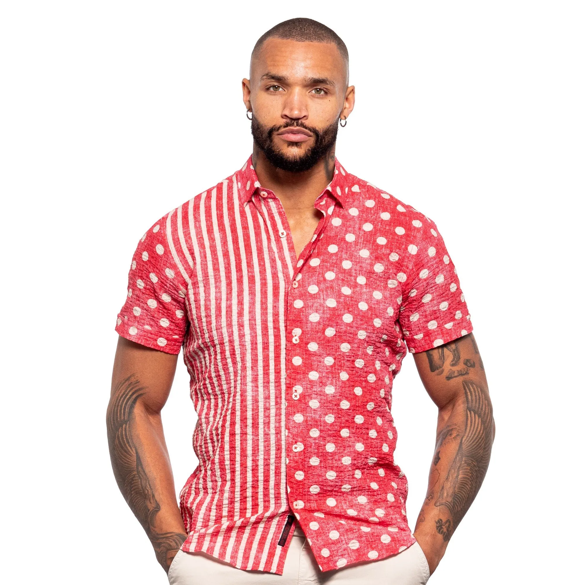 Two Ways Seersucker Short Sleeve Shirt - Red