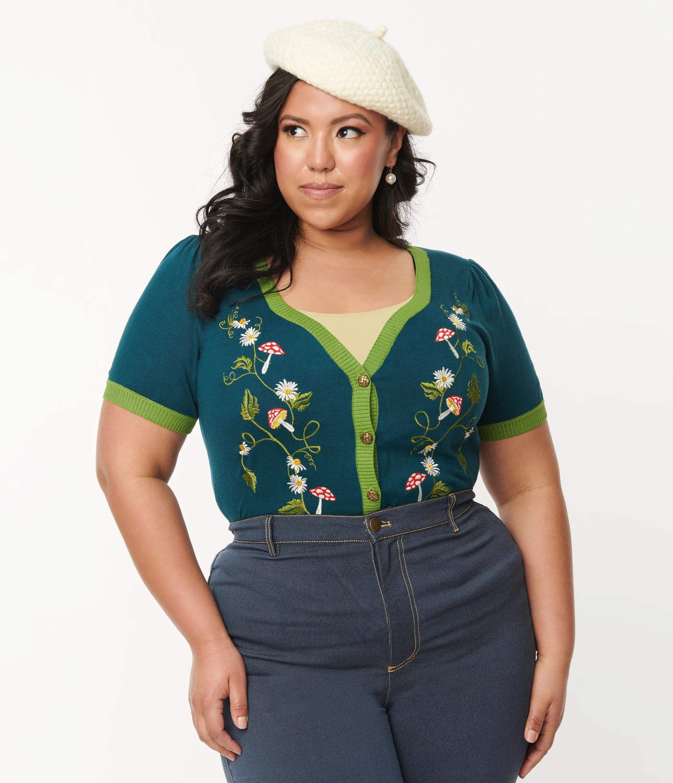 Unique Vintage Plus Size Teal Mushroom & Daisy Embroidered Cardigan